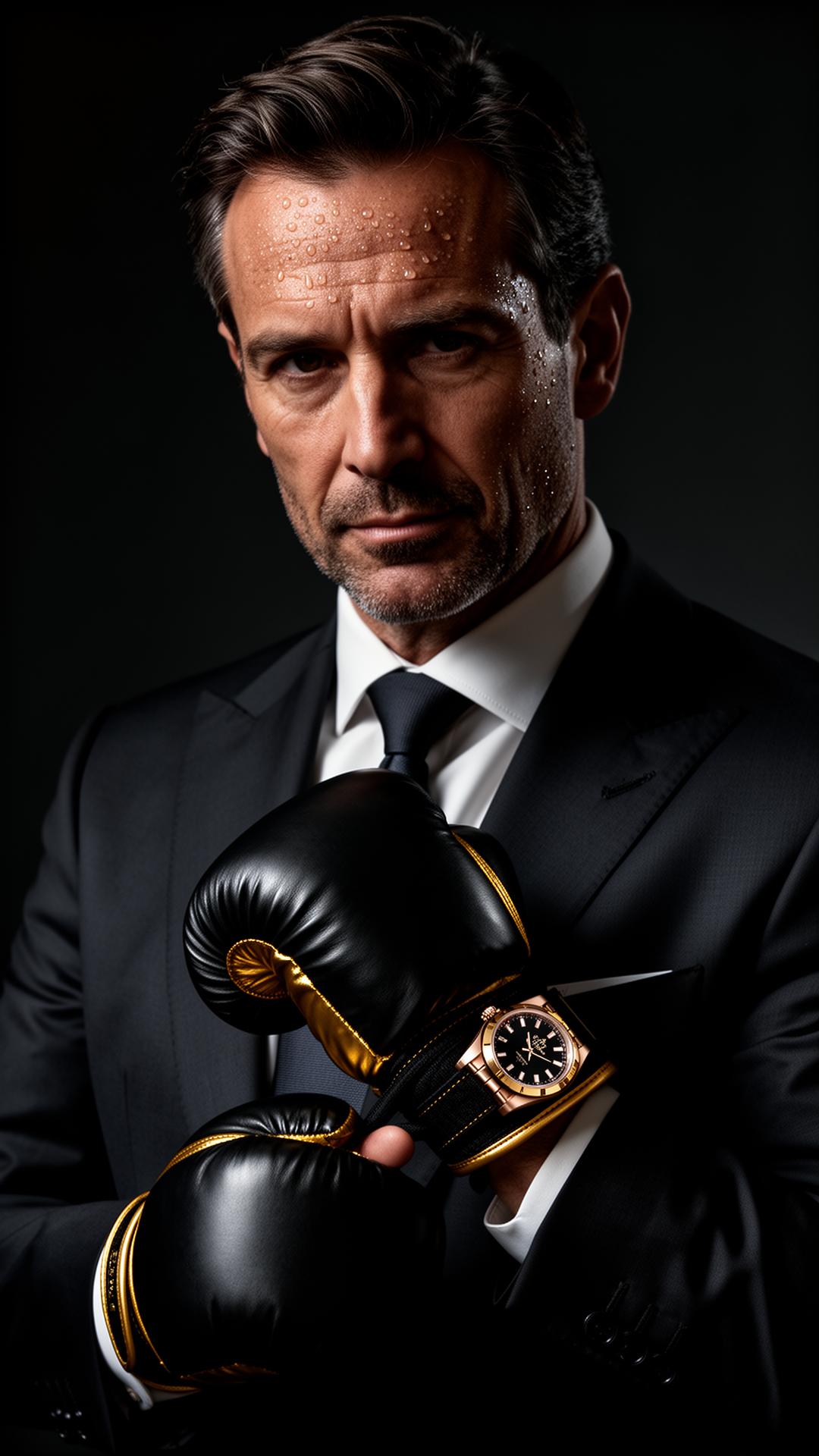 Executive in suit holding luxury black and gold boxing glove